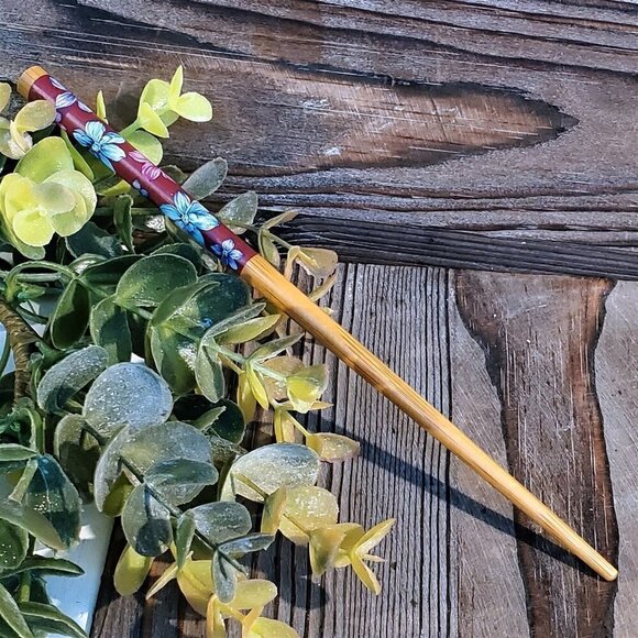 Japanese Flower Print Tortoise Shell Bamboo Hair Stick Plum Blue Pink - Picture 4 of 7